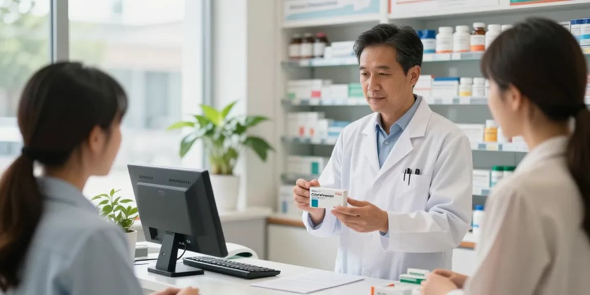 Customer consulting pharmacist about Genotropin in a modern pharmacy.