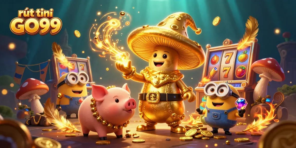 Engage in rút tiền GO99 with a dynamic 3D wizard scene showcasing vibrant slot game elements.
