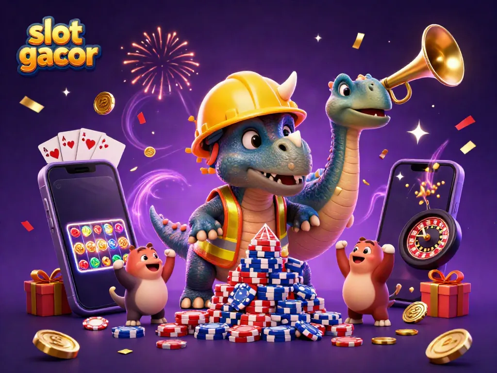 Pemain slot gacor merayakan kemenangan di kasino dengan karakter lucu dan elemen permainan yang berwarna-warni.