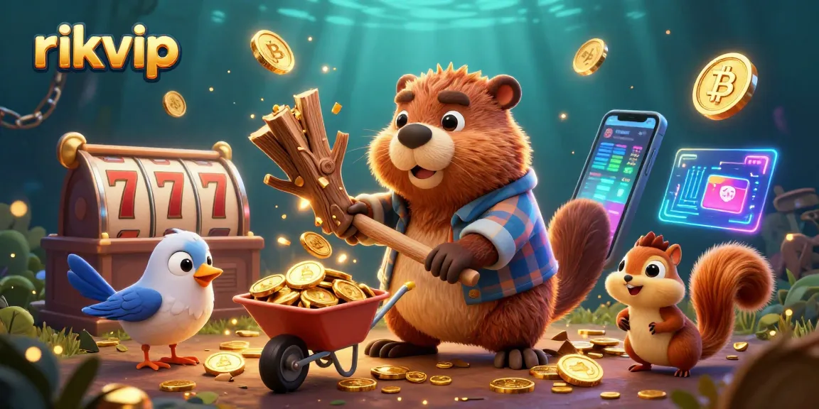 Engage with rikvip as the lumberjack beaver chops a coin-laden tree in this vibrant casino-themed scene.