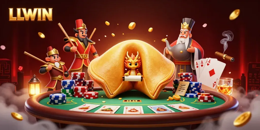 LLWIN online casino scene with a giant fortune cookie, wise dragon, and poker elements, promoting gaming fun.