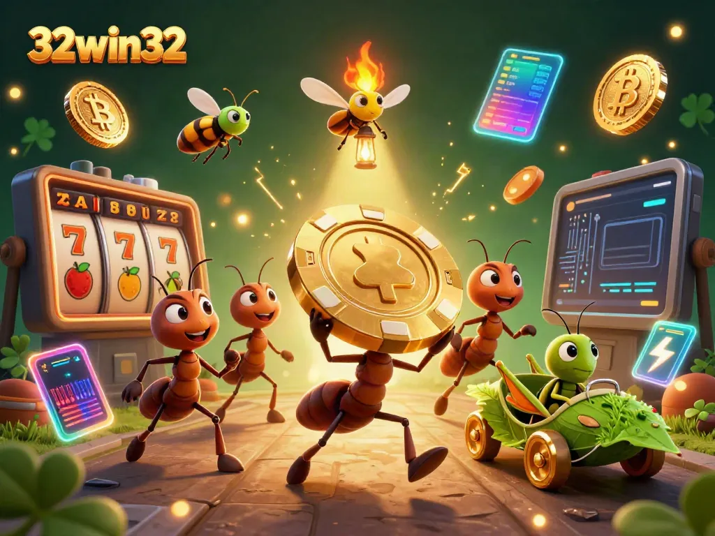 Experience thrilling heist action as ants carry a giant poker chip in this vibrant 32win32 casino illustration.