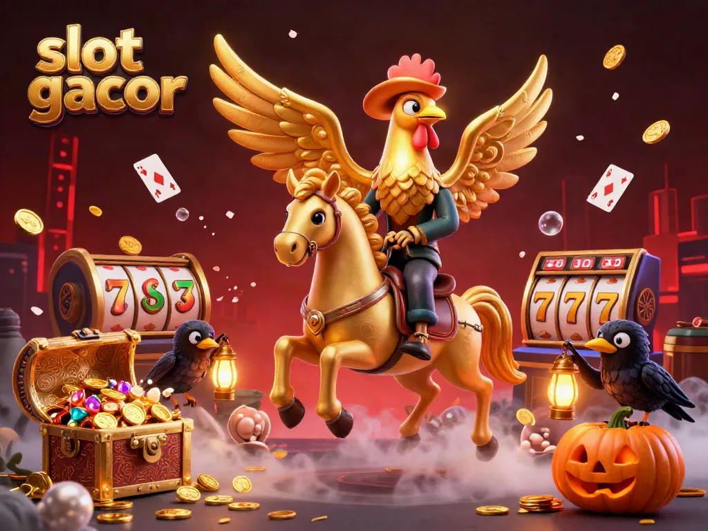 Experience the thrill of slot gacor with a golden rooster in a vibrant casino scene filled with treasures.