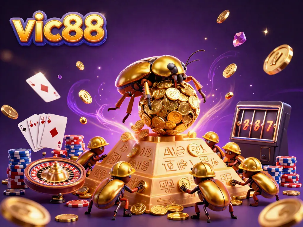 Experience exciting wins with vic88 through captivating golden coin illustrations and casino elements.