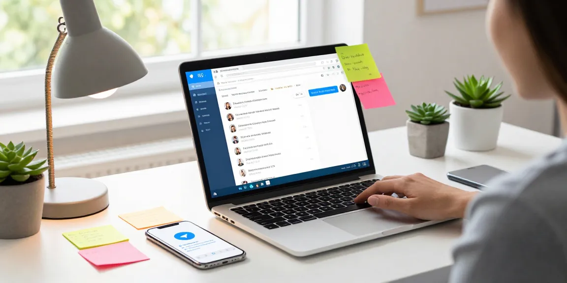 Explore the Telegram Web Version interface on a laptop with notifications and workspace elements showcasing productivity.
