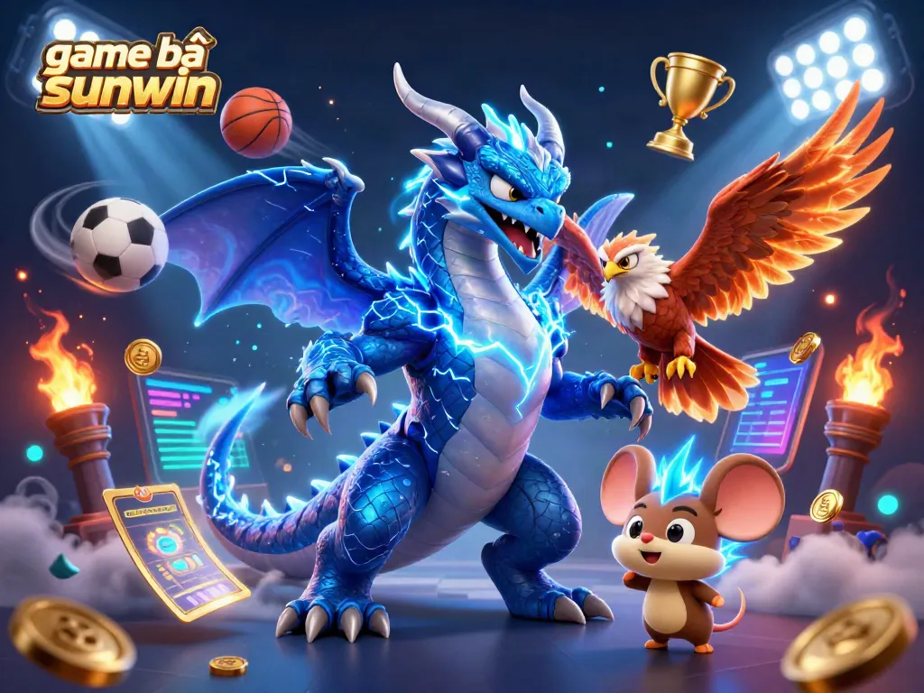 Engage with game bài sunwin featuring a vibrant 3D dragon, sports elements, and dynamic visuals for thrilling gaming.