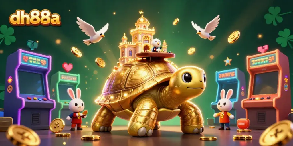 Experience gaming excitement with dh88a, featuring a cartoon tortoise casino and playful dealer.