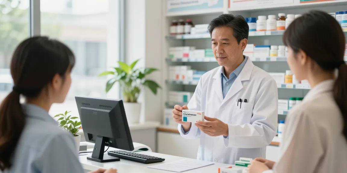 Customer consulting pharmacist about Genotropin in a modern pharmacy.
