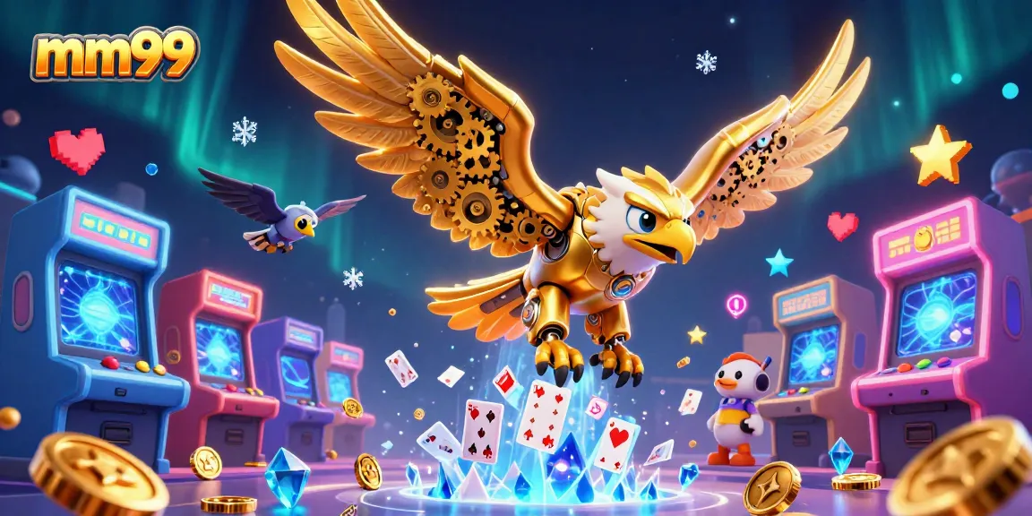 Experience thrilling gameplay at mm99 with cybernetic eagle and vibrant casino elements.