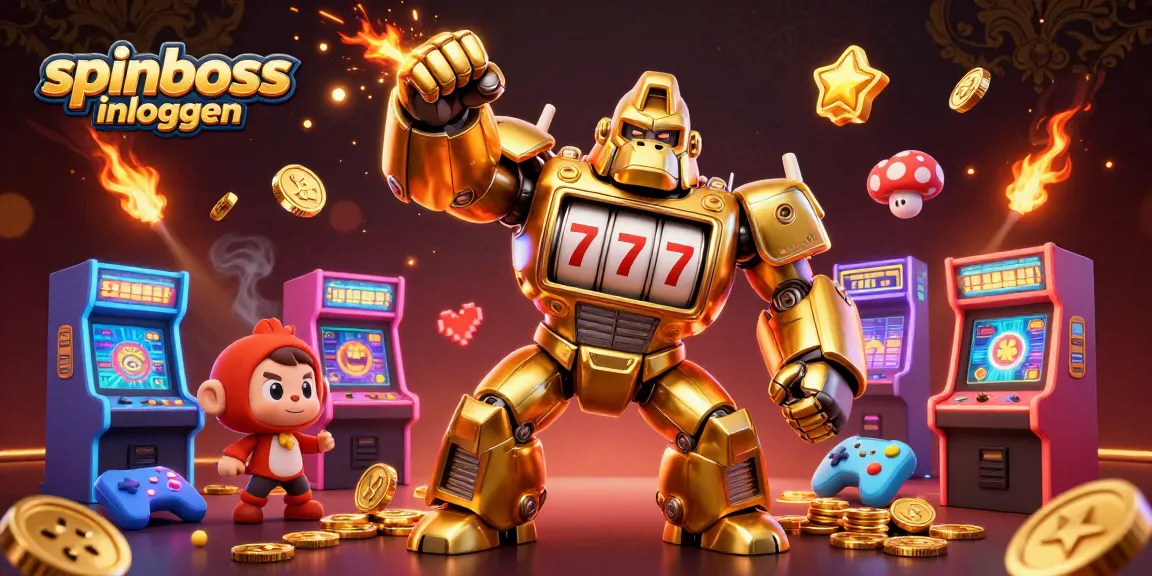 Spinboss inloggen: Experience thrilling gameplay with a golden gorilla mech and vibrant casino elements.