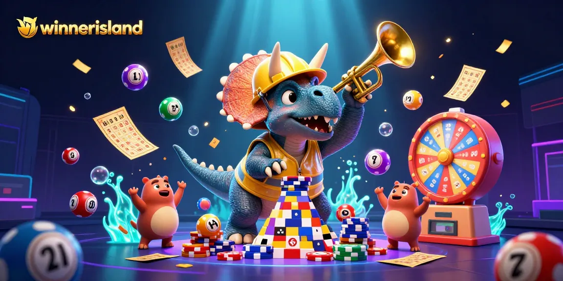 Winnerisland showcases a lively 3D casino scene with a triceratops building poker chip pyramids.