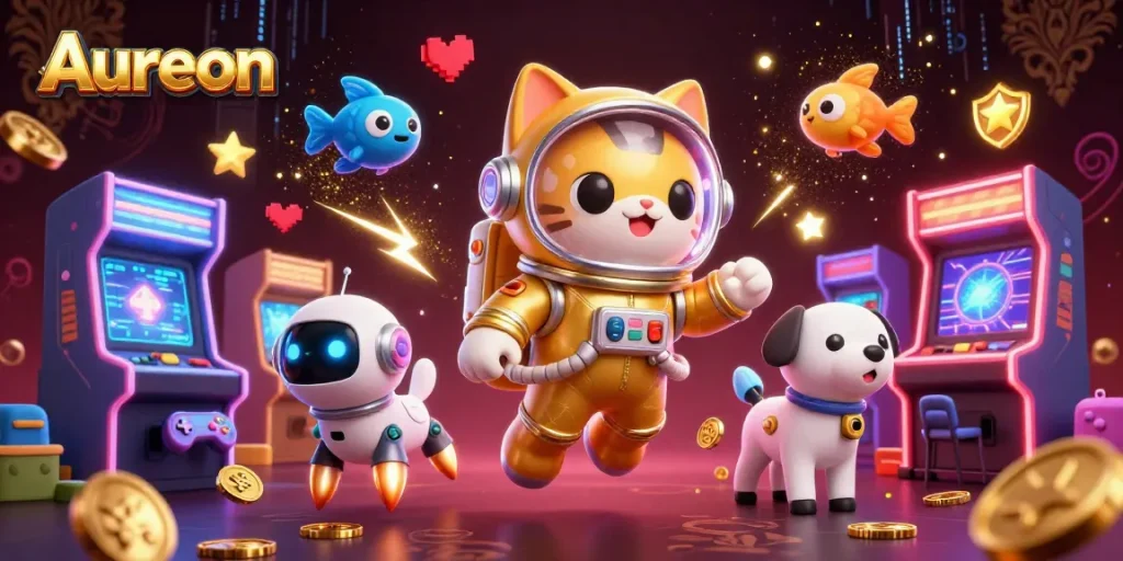 Aureon casino offers an exciting gaming experience with its cartoon astronauts and vibrant casino elements.