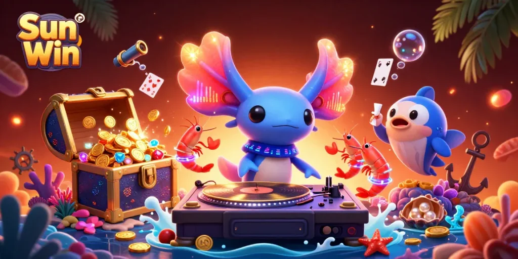 Engage with Sun Win's vibrant underwater casino experience, featuring a DJ axolotl and dynamic sea creatures.