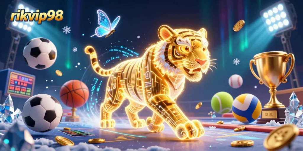 Experience the excitement of rikvip98 with a vibrant 3D casino scene featuring a golden tiger, holographic butterflies, and flying sports elements.